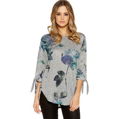 Grey and blue light knit rose print top